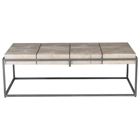 56" Transitional Rectangular Elm Wood Coffee Table with  Black Finish Iron Base